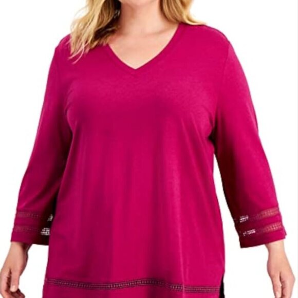 Karen Scott Plus 1X Tunic Top Magenta Berry Pink 3/4 Sleeve Crochet Trim V-Neck - Picture 2 of 12